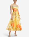 Mariela Embellished Midi Dress - Peony Print in Yellow