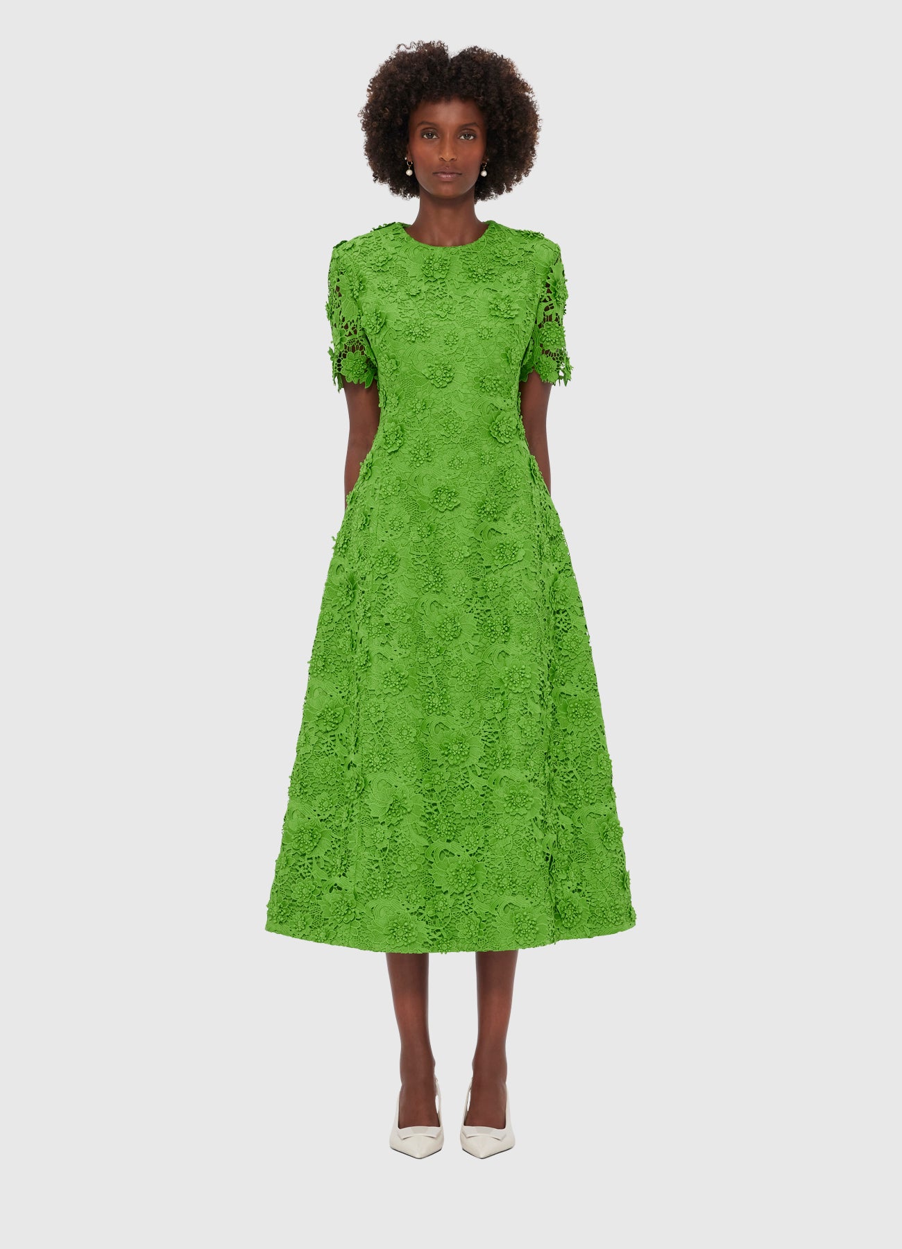 Caroline Lace Short Sleeves Midi Dress - Fern