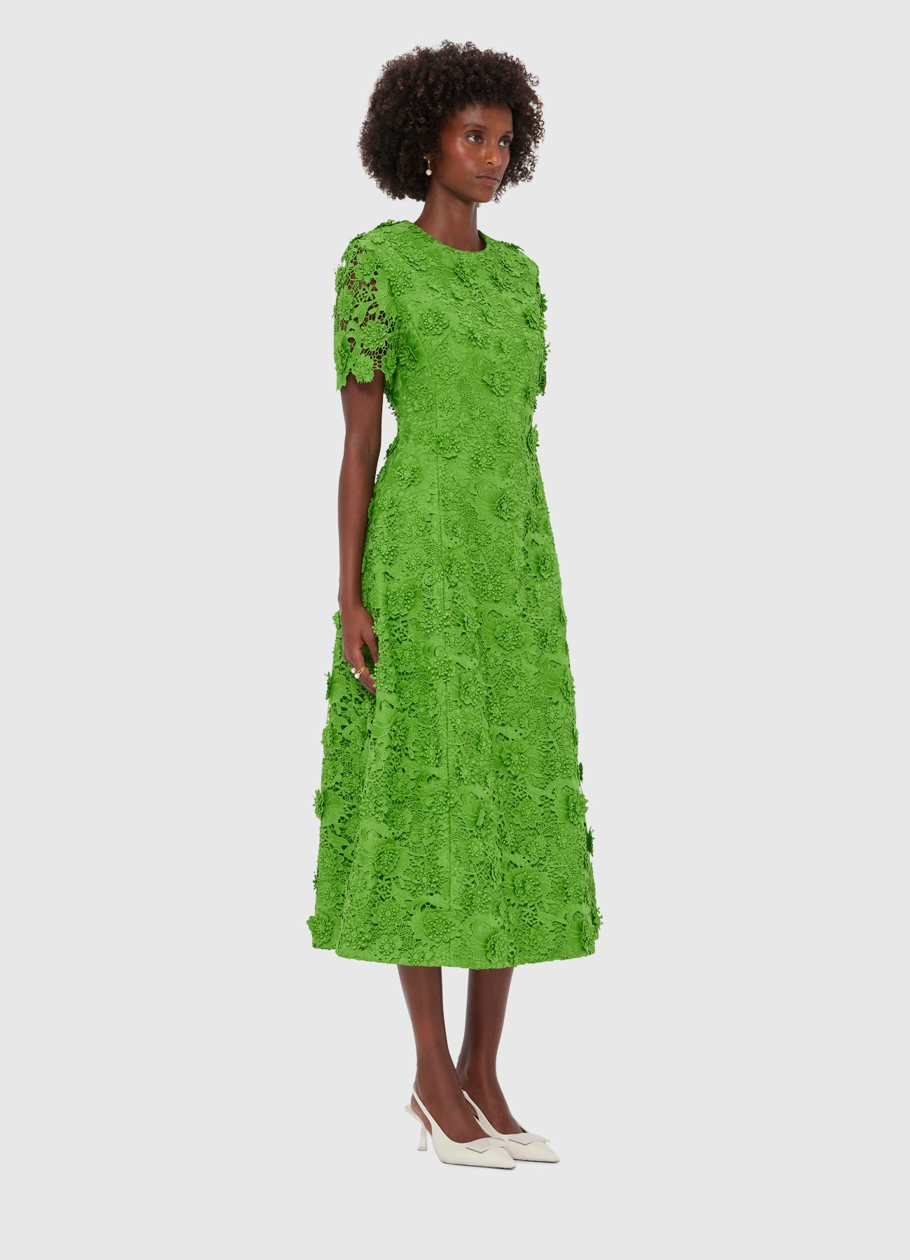 Caroline Lace Short Sleeves Midi Dress - Fern