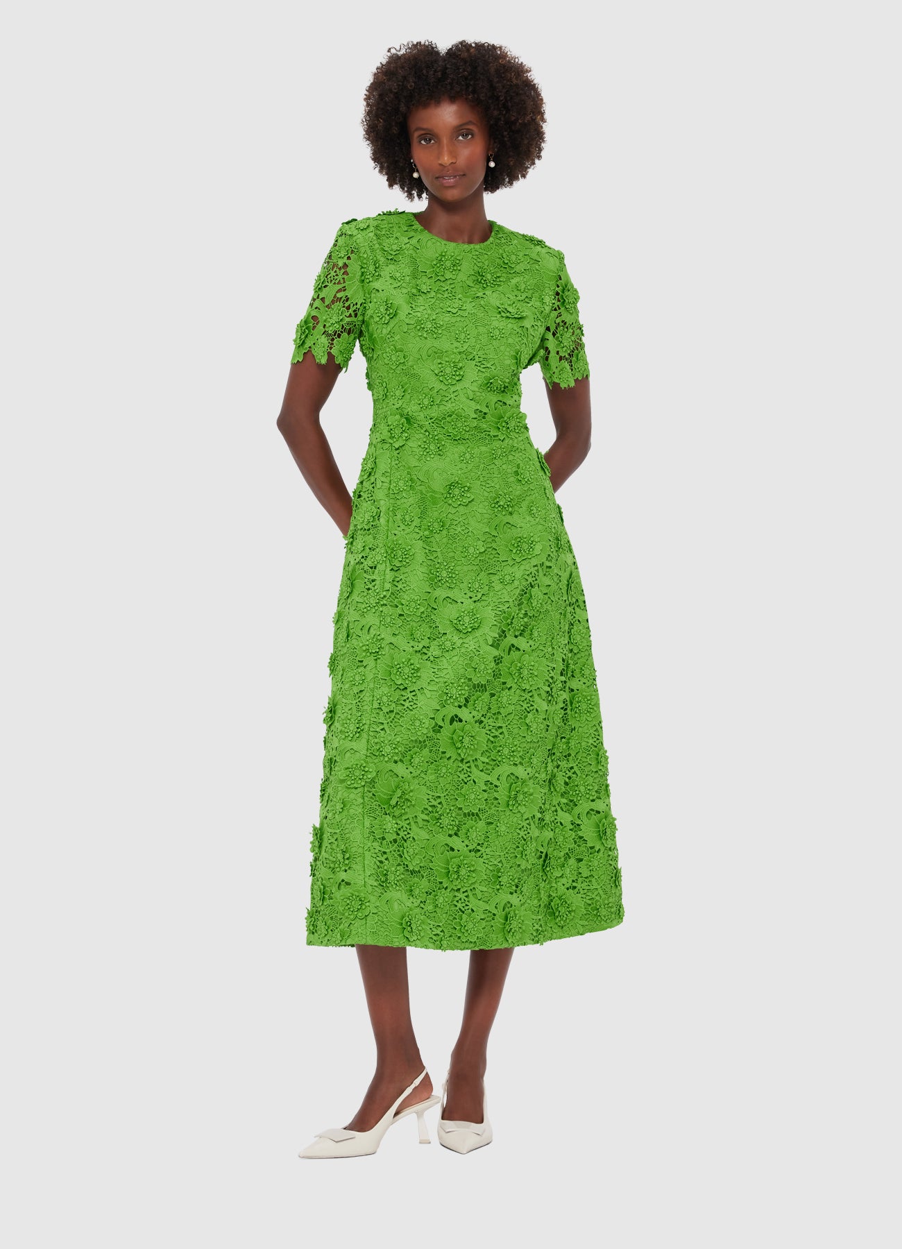 Caroline Lace Short Sleeves Midi Dress - Fern
