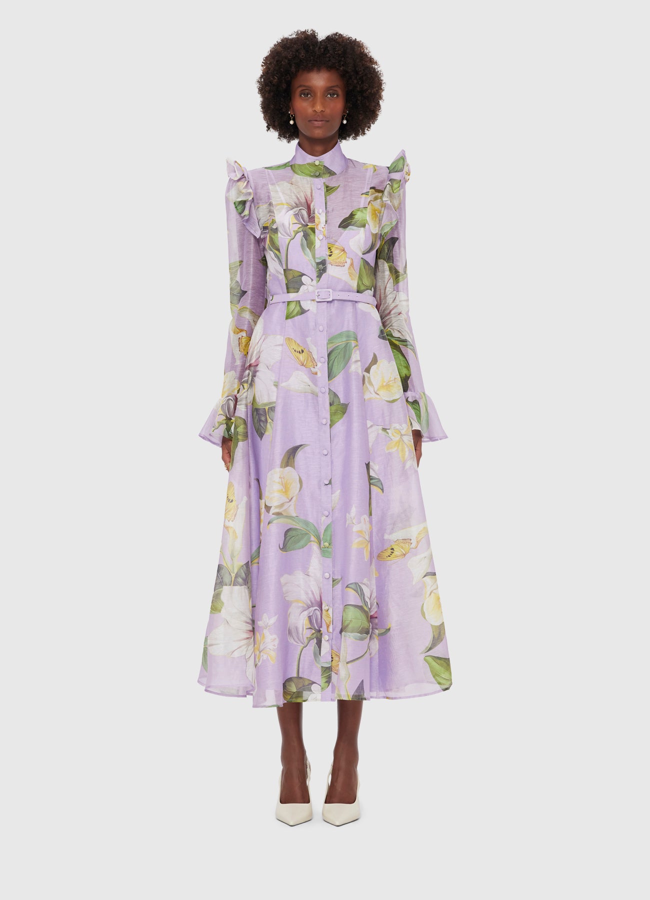 Katrina Butterfly Sleeve Midi Dress - Lily Blossom Print in Lilac
