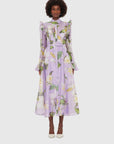 Katrina Butterfly Sleeve Midi Dress - Lily Blossom Print in Lilac