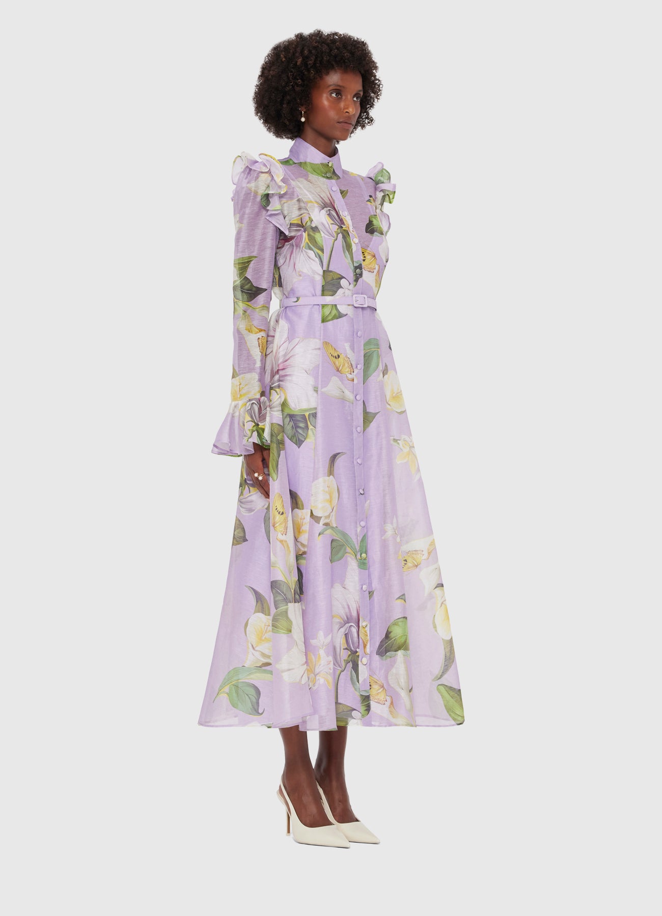 Katrina Butterfly Sleeve Midi Dress - Lily Blossom Print in Lilac