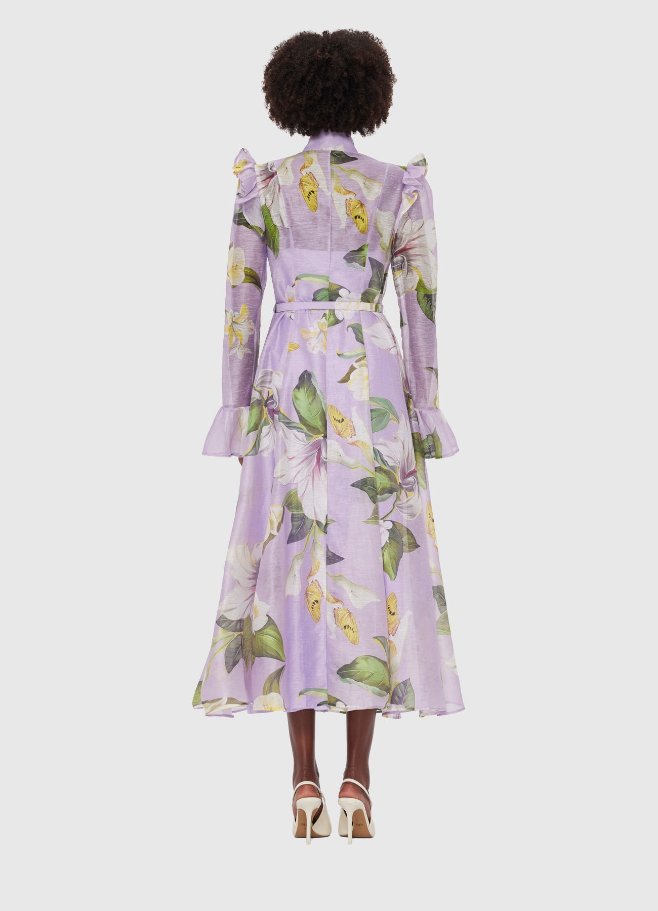 Katrina Butterfly Sleeve Midi Dress - Lily Blossom Print in Lilac