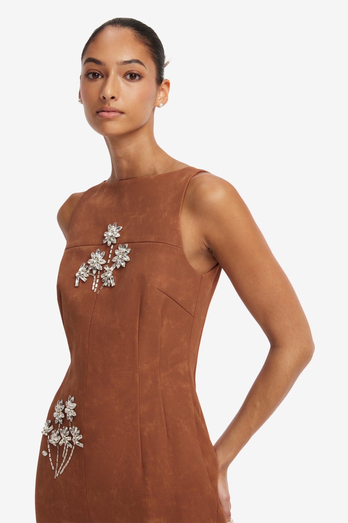 Eleanor Embellished Vegan Suede Midi Dress - Chestnut