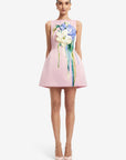 Ali Embroidered Boat Neck Mini Dress - Bouquet Print in Pastel Pink