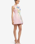 Ali Embroidered Boat Neck Mini Dress - Bouquet Print in Pastel Pink