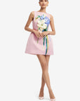 Ali Embroidered Boat Neck Mini Dress - Bouquet Print in Pastel Pink