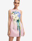Ali Embroidered Boat Neck Mini Dress - Bouquet Print in Pastel Pink