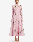 Katrina Butterfly Sleeve Midi Dress - Bouquet Print in Pastel Pink