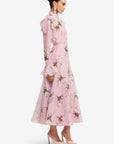 Katrina Butterfly Sleeve Midi Dress - Bouquet Print in Pastel Pink