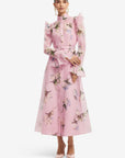 Katrina Butterfly Sleeve Midi Dress - Bouquet Print in Pastel Pink