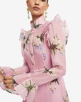 Katrina Butterfly Sleeve Midi Dress - Bouquet Print in Pastel Pink