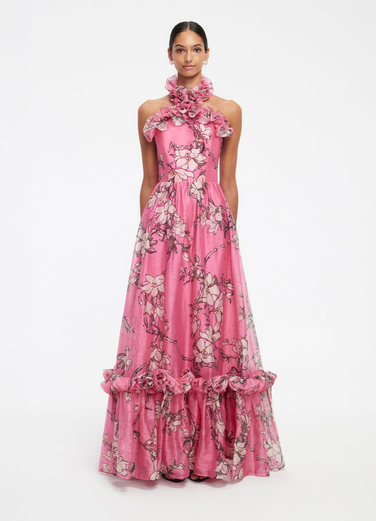 Isabelle Ruffled Halterneck Maxi Dress - Pink Magnolia Print