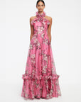 Isabelle Ruffled Halterneck Maxi Dress - Pink Magnolia Print