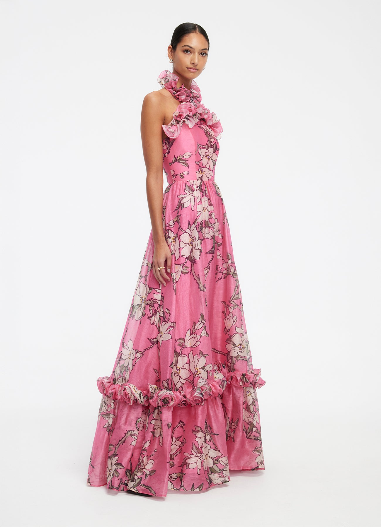 Isabelle Ruffled Halterneck Maxi Dress - Pink Magnolia Print
