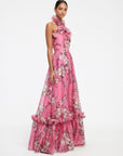 Isabelle Ruffled Halterneck Maxi Dress - Pink Magnolia Print