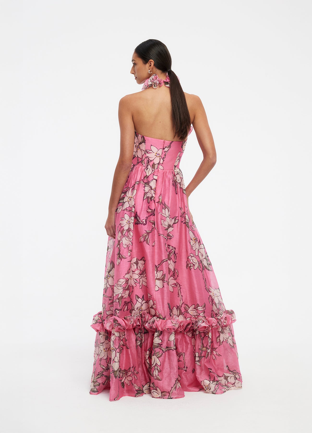 Isabelle Ruffled Halterneck Maxi Dress - Pink Magnolia Print