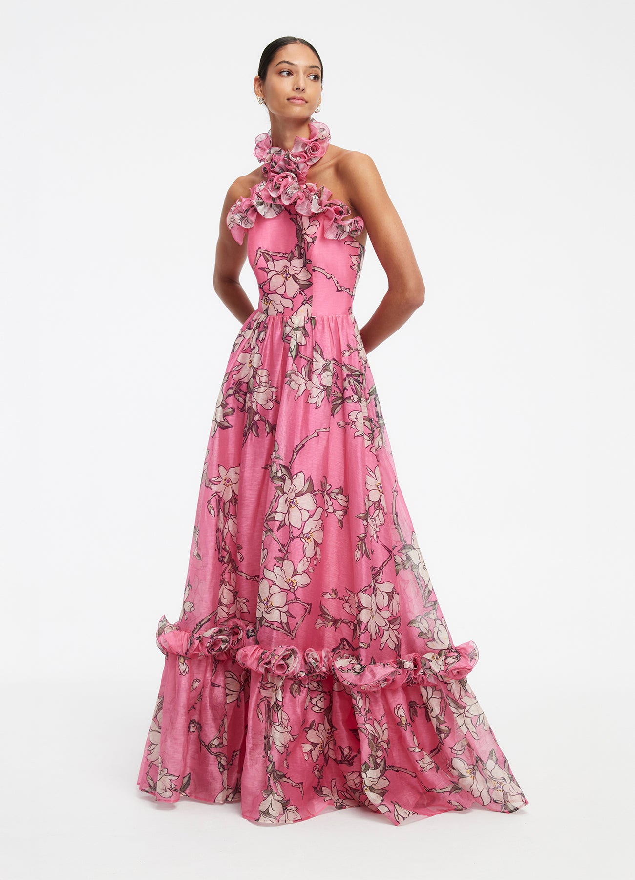 Isabelle Ruffled Halterneck Maxi Dress - Pink Magnolia Print