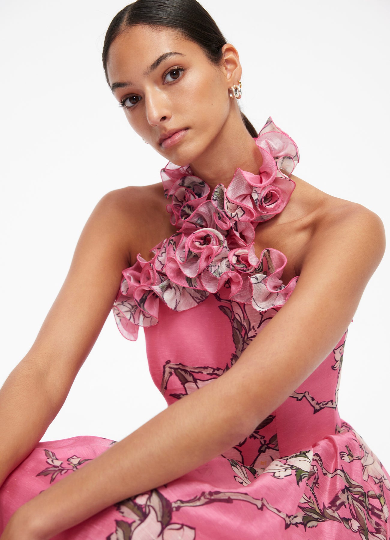 Isabelle Ruffled Halterneck Maxi Dress - Pink Magnolia Print