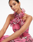 Isabelle Ruffled Halterneck Maxi Dress - Pink Magnolia Print