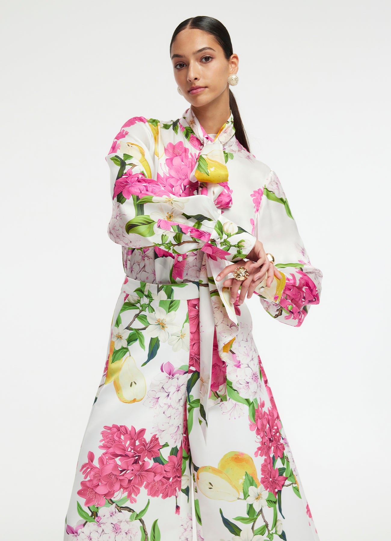 Freya Tie Neck Silk Blouse - Floral Pear Print