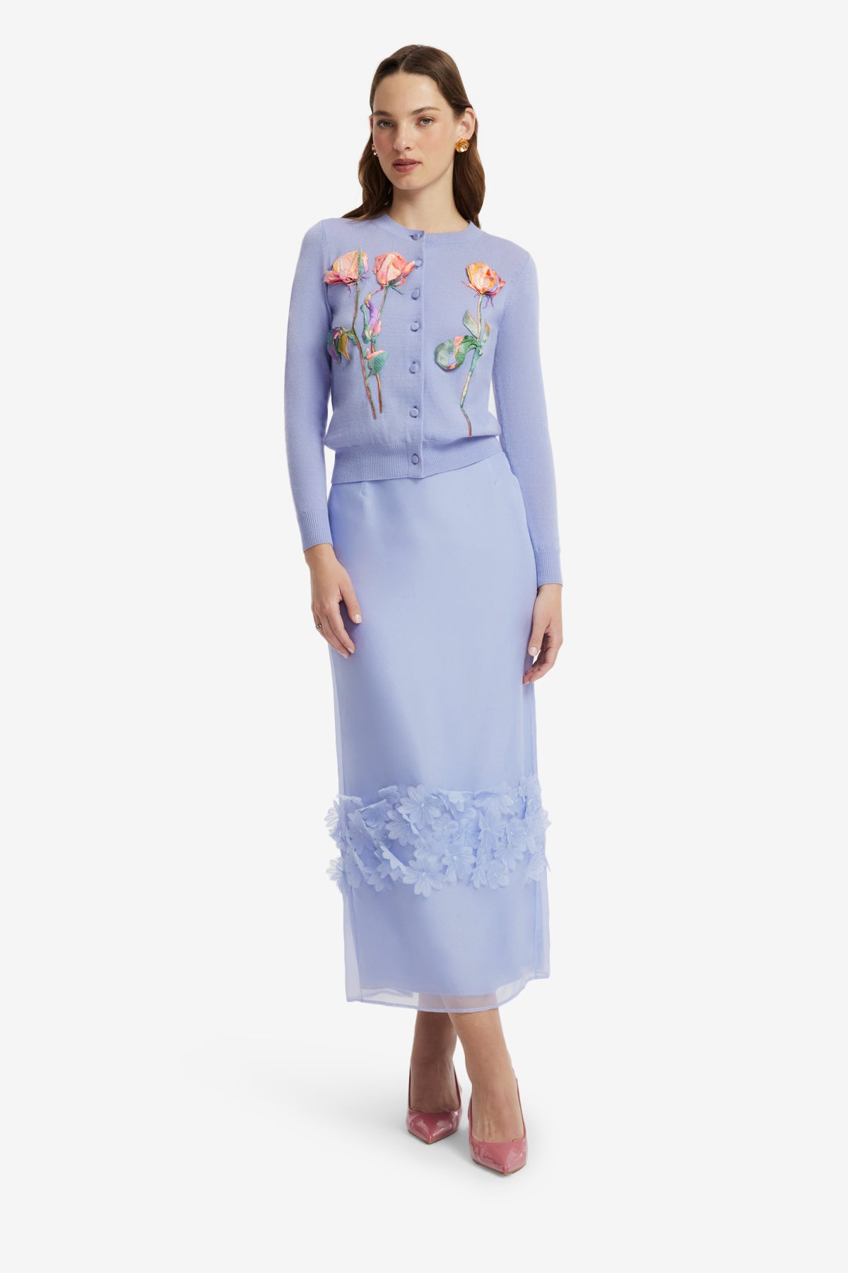 Claire Embroidered Knit Cardigan - Rose in Periwinkle