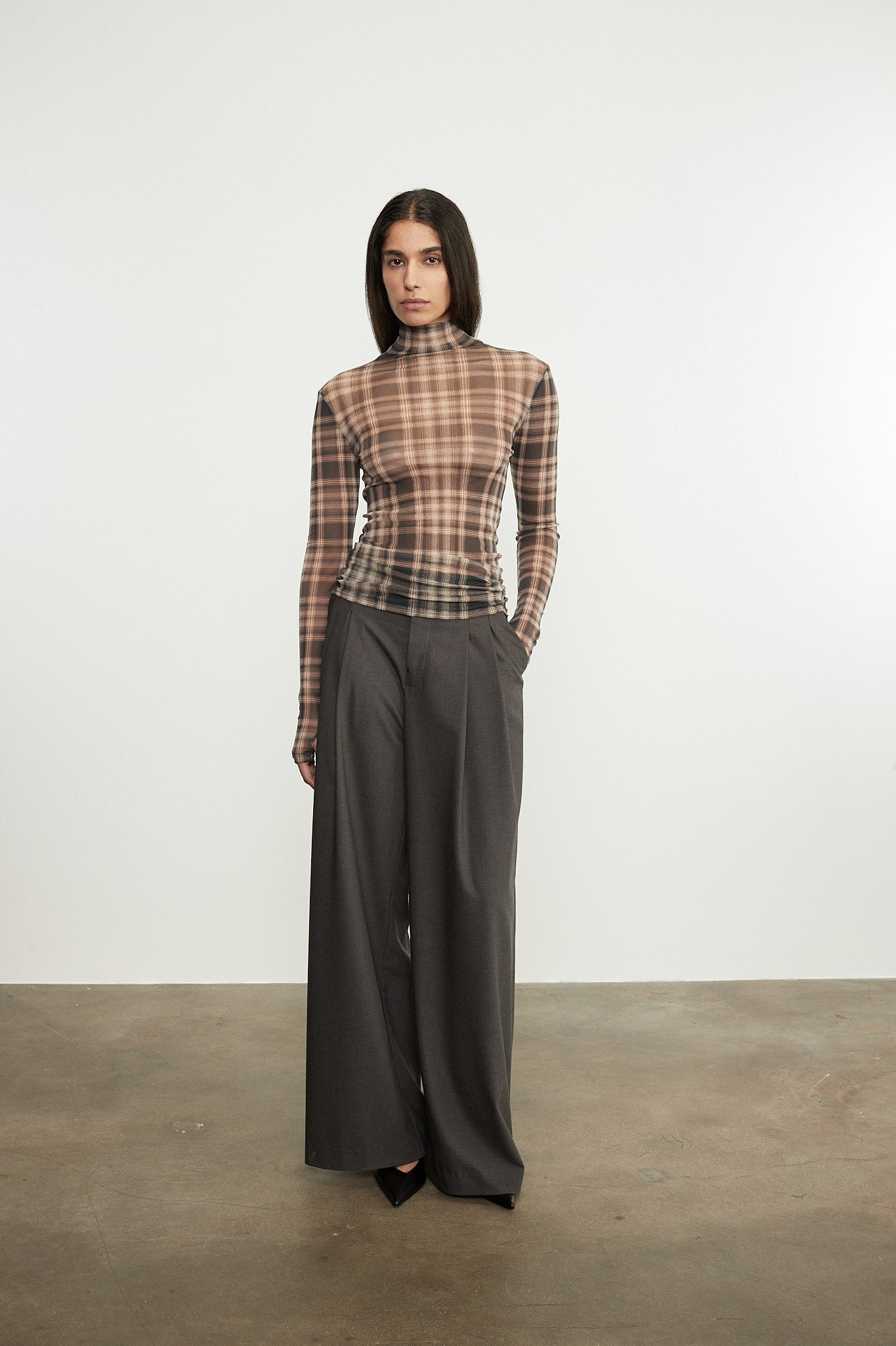 Plaid Mesh L/S Turtleneck