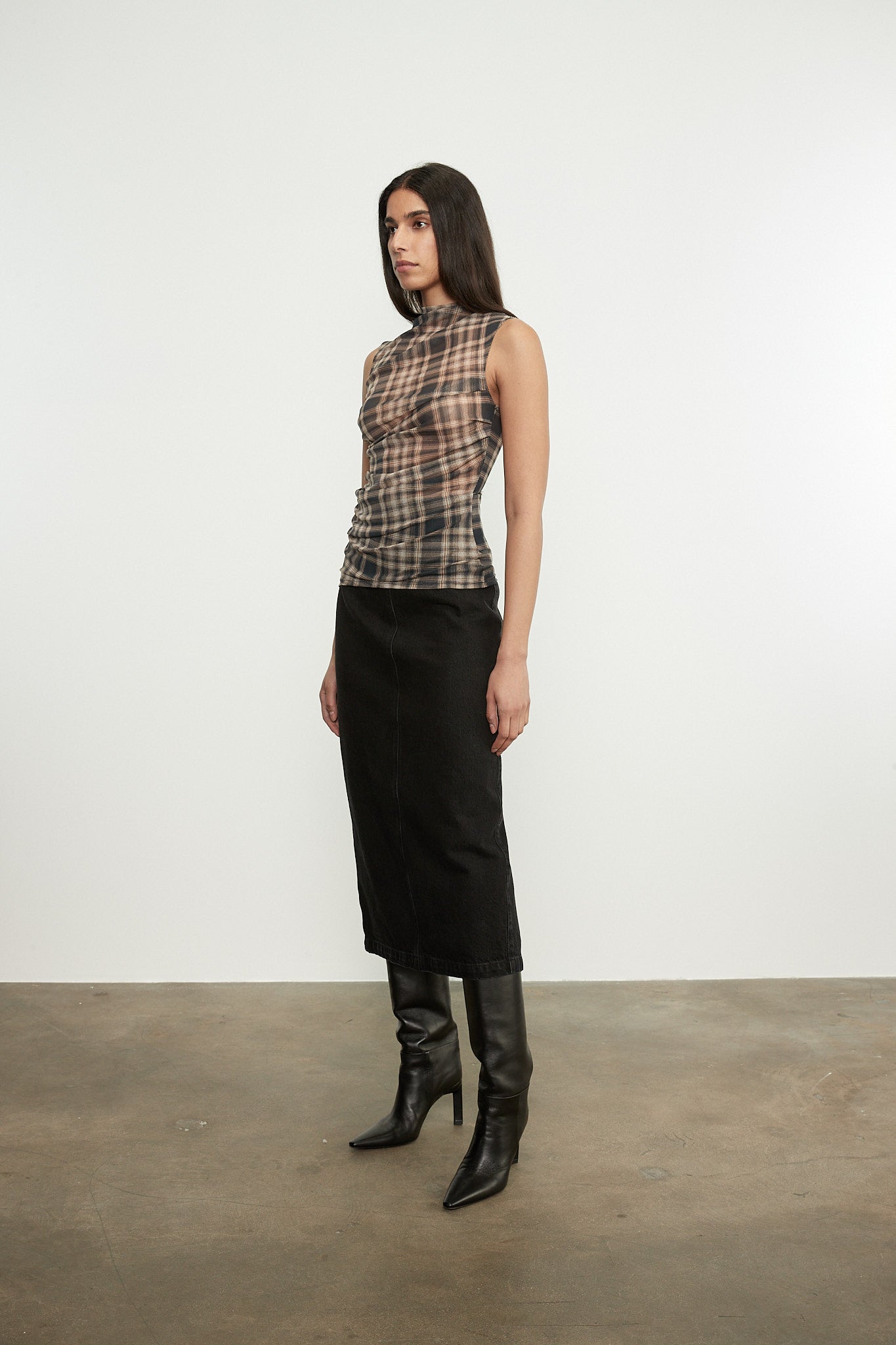 Plaid Mesh Sleeveless Twist Top
