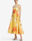 Mariela Embellished Midi Dress - Peony Print in Yellow