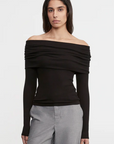 Silk Rib Long Sleeve Off-Shoulder Top