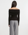 Silk Rib Long Sleeve Off-Shoulder Top