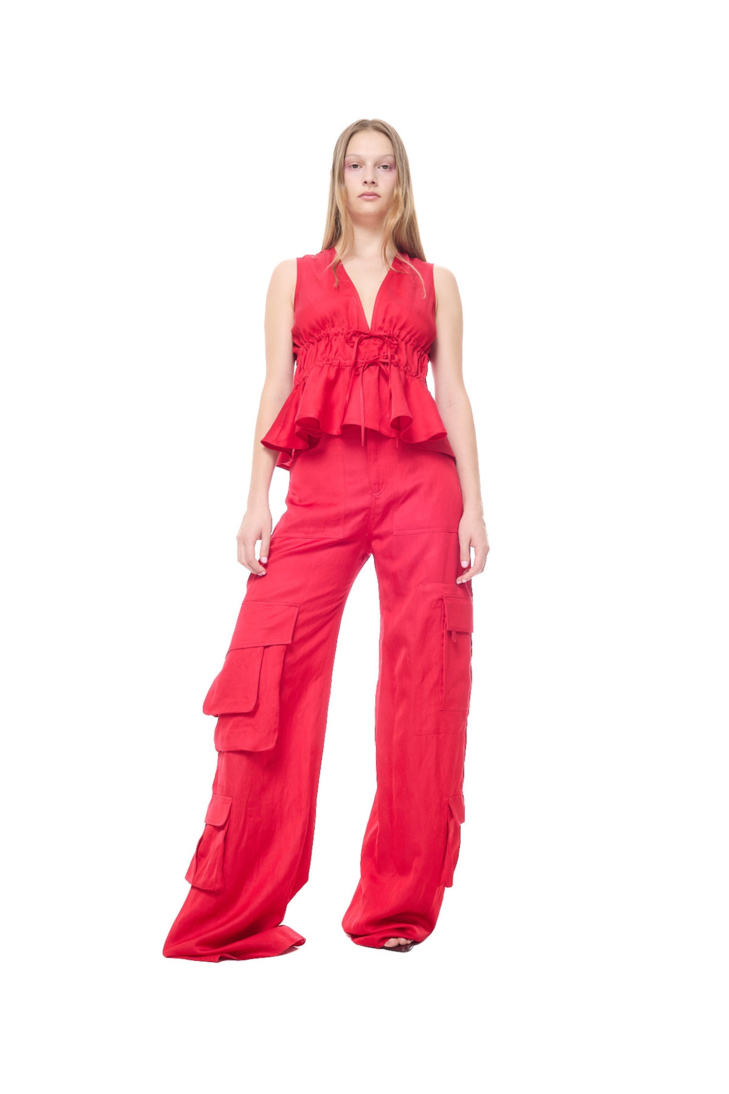 SATIN LINEN MULTIPOCKET CARGO PANTS