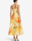 Mariela Embellished Midi Dress - Peony Print in Yellow
