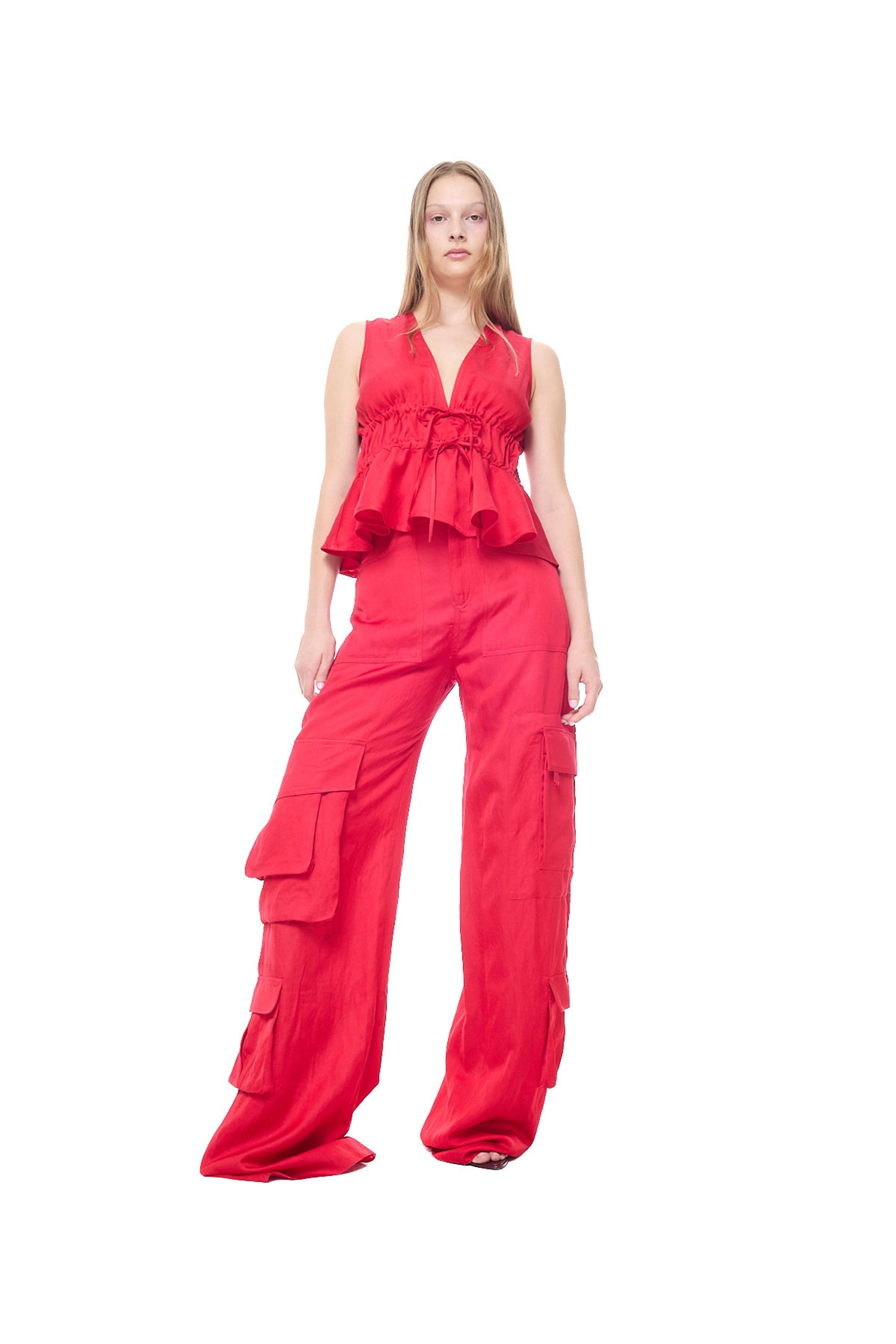 SATIN LINEN MULTIPOCKET CARGO PANTS