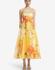 Mariela Embellished Midi Dress - Peony Print in Yellow