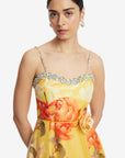 Mariela Embellished Midi Dress - Peony Print in Yellow
