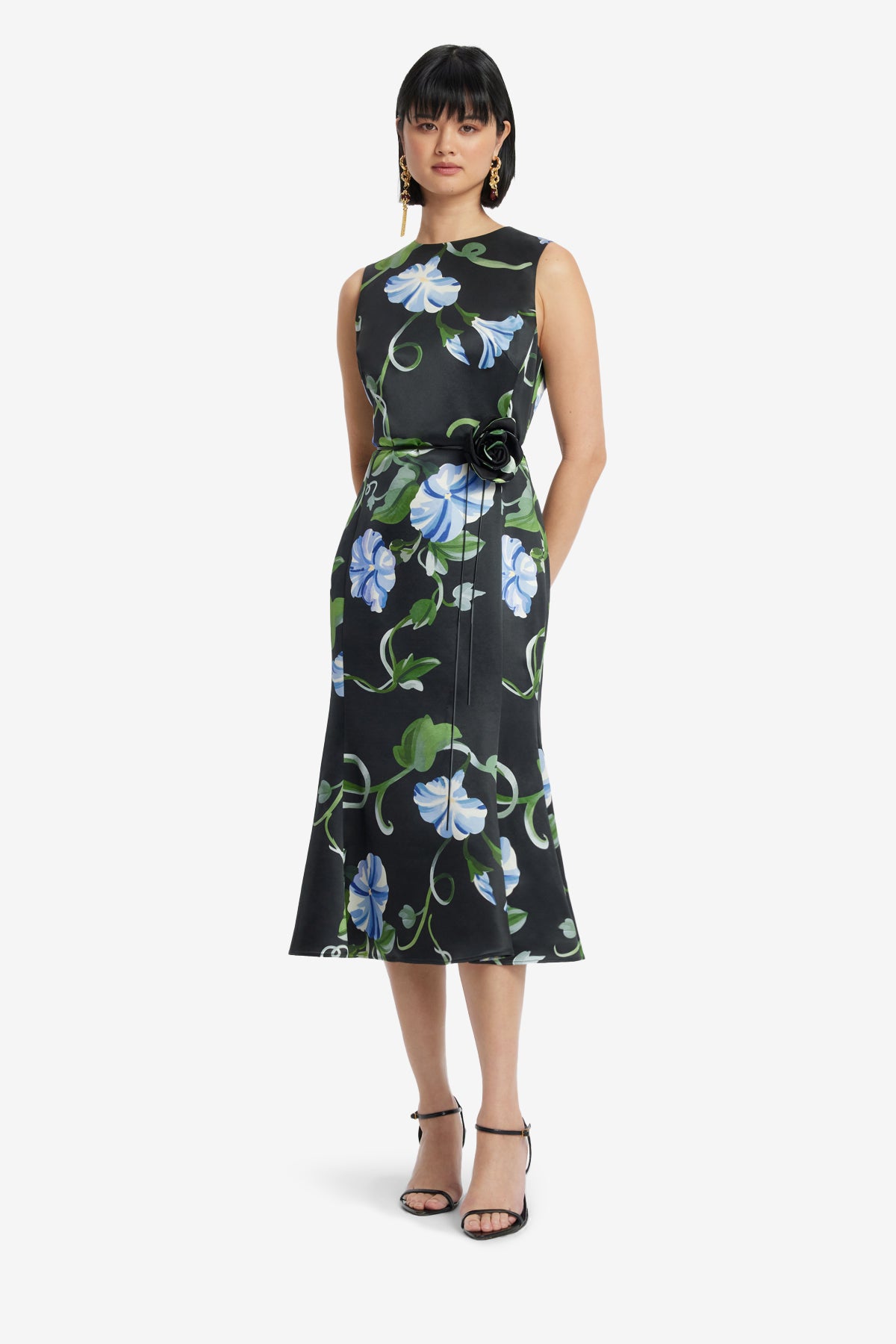 Olive Midi Dress - Vine Print in Ebony