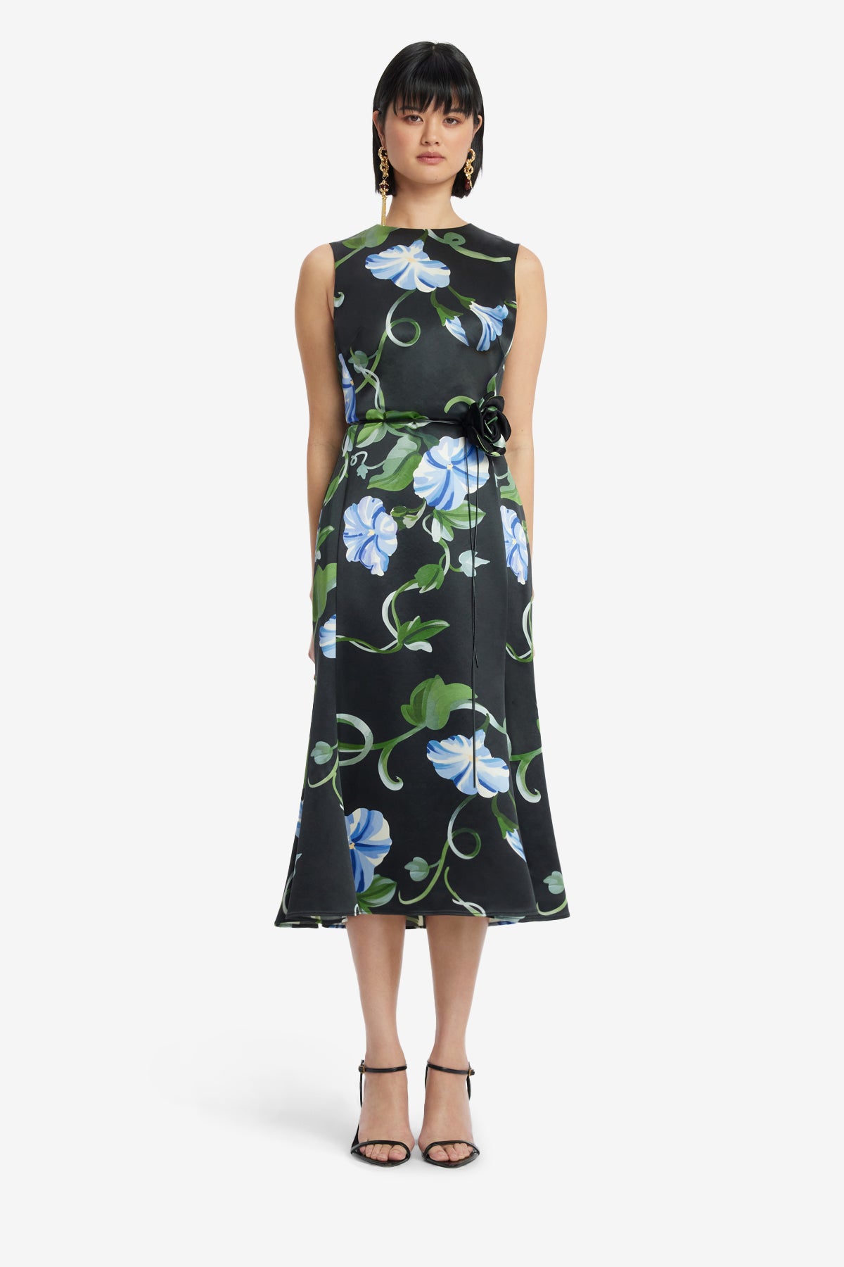 Olive Midi Dress - Vine Print in Ebony