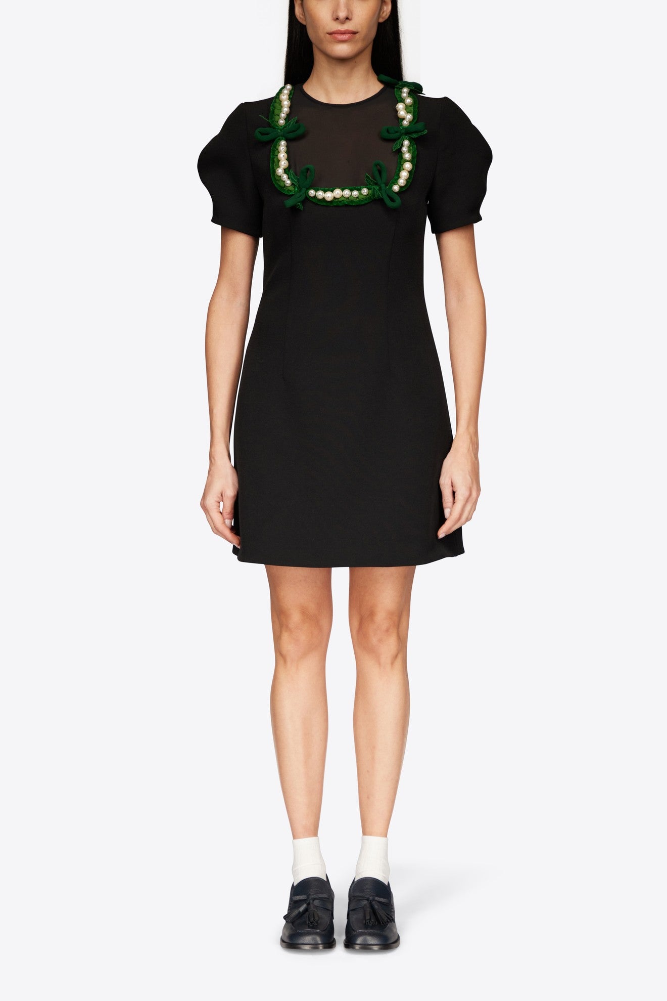 MINI DRESS WITH PLASTRON AND JEWEL PEAS