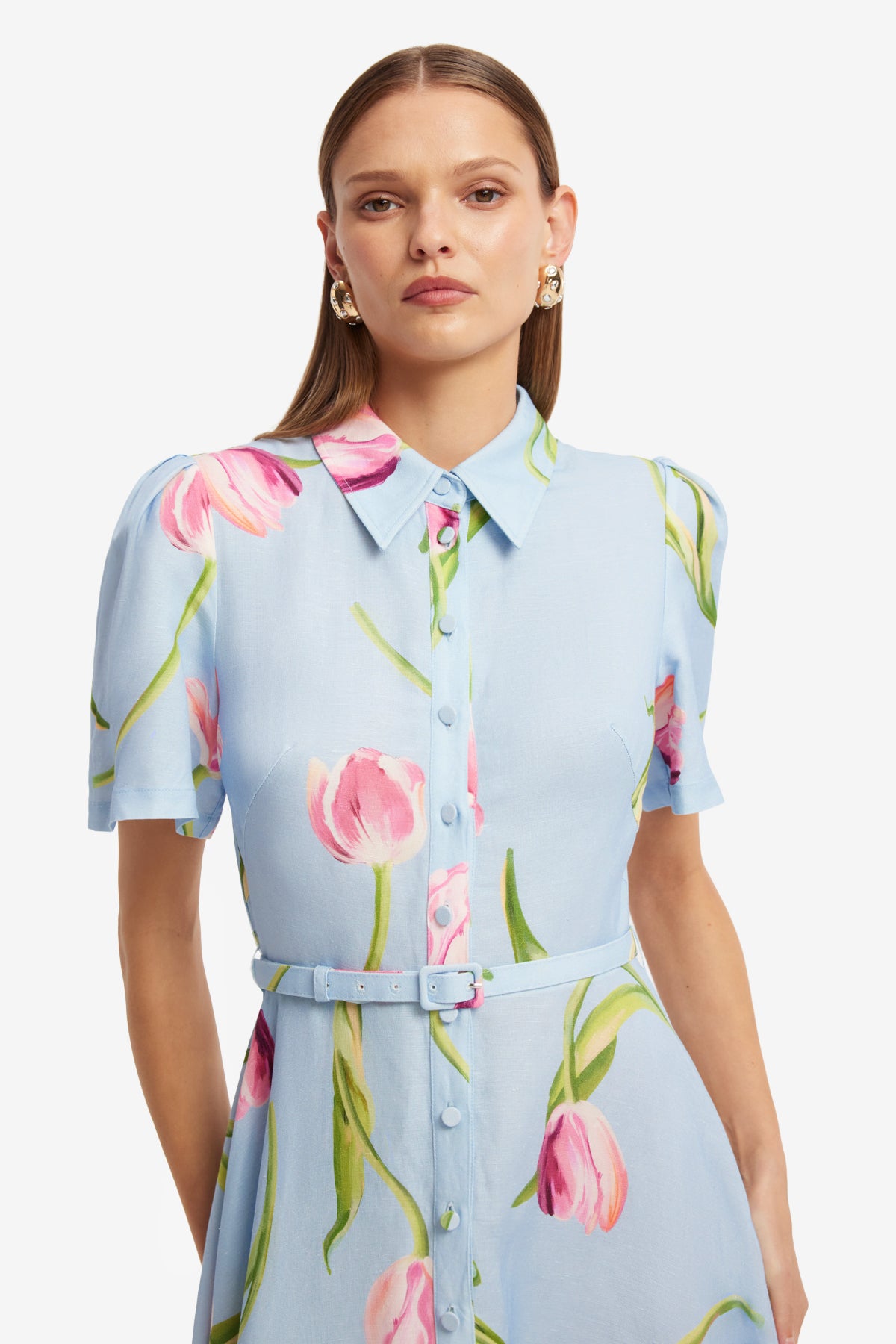 Becca Short Sleeve Midi Dress - Tulip Print in Blue