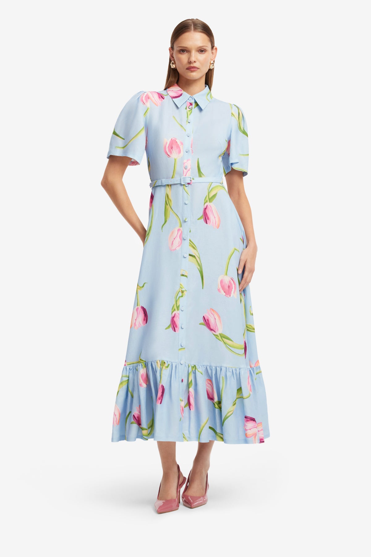 Becca Short Sleeve Midi Dress - Tulip Print in Blue