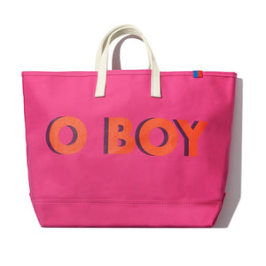 PINK TOTE WITH O BOY WRITTEN IN ORANGE
