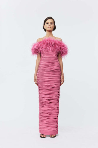 PLEATED GOWN FEATHER NECKLINE