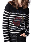 BEADED LOVE YOURSELF STRIPE CASHMERE SWEATER