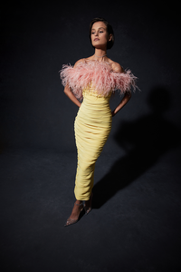 PLEATED GOWN FEATHER NECKLINE